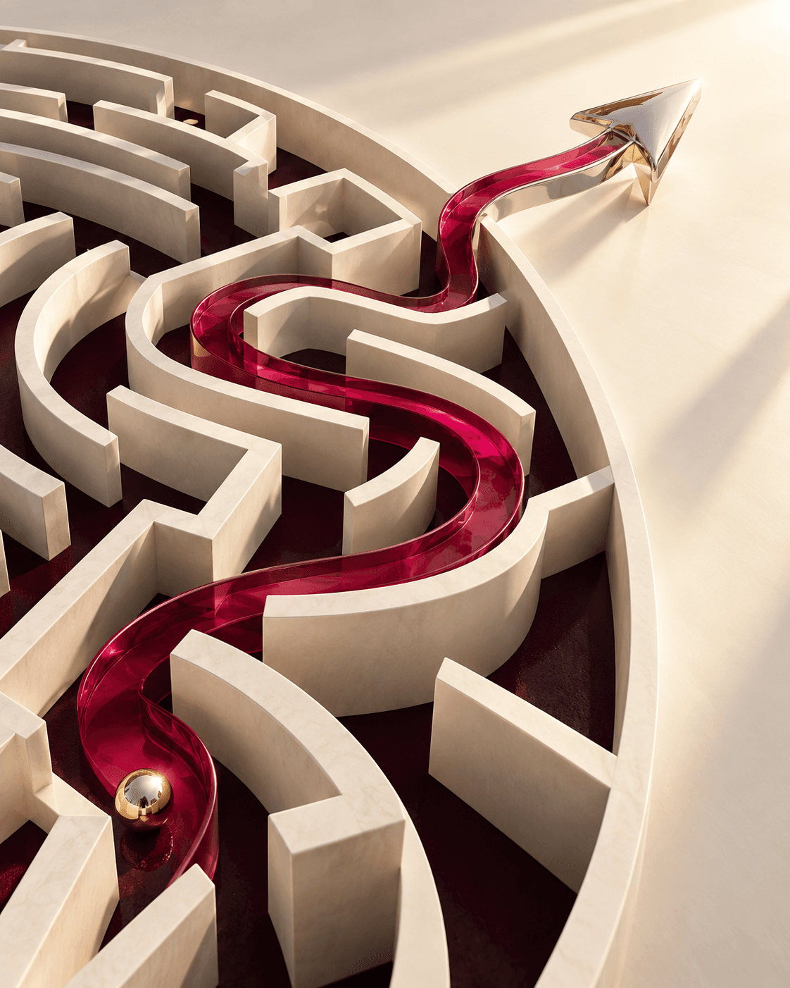 Raspberry path crossing an ivory maze and becoming a chrome arrow
