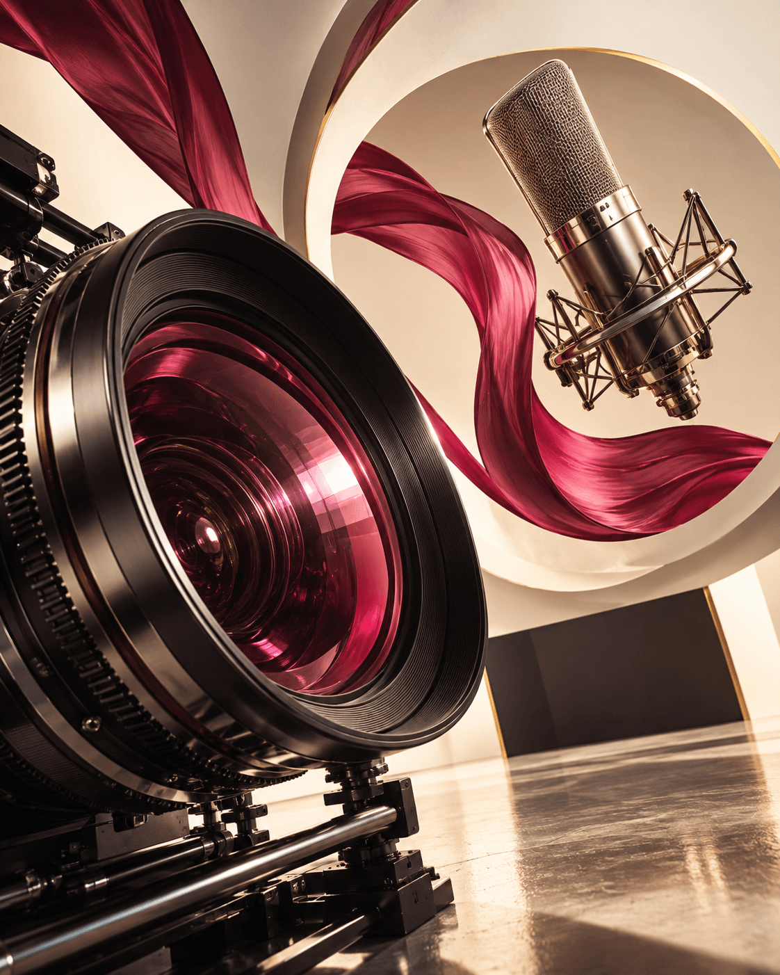 Surreal cinema lens and studio microphone with a flowing raspberry ribbon